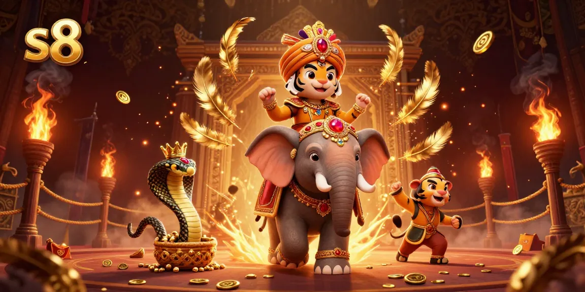 Experience thrilling gameplay at s8 with a vibrant scene featuring a maharaja tiger and an elephant, evoking excitement.