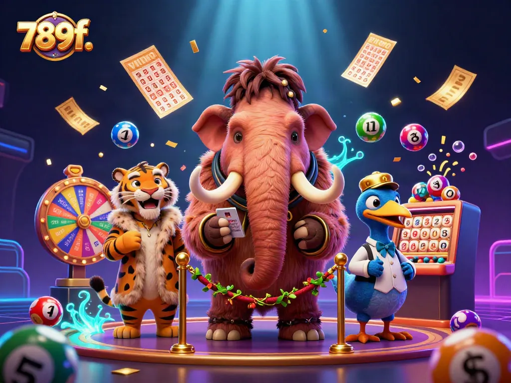 Engage with vibrant casino fun at 789f. featuring a woolly mammoth bouncer and a tiger in fur coat.
