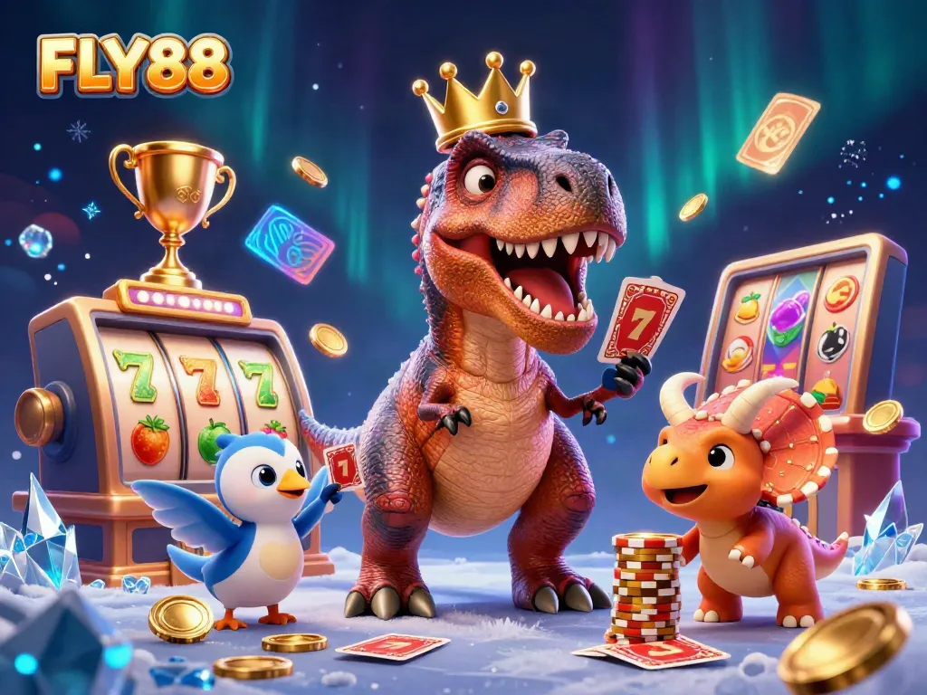Engage with FLY88's lively casino atmosphere, featuring cute dinosaur characters enjoying slot games.