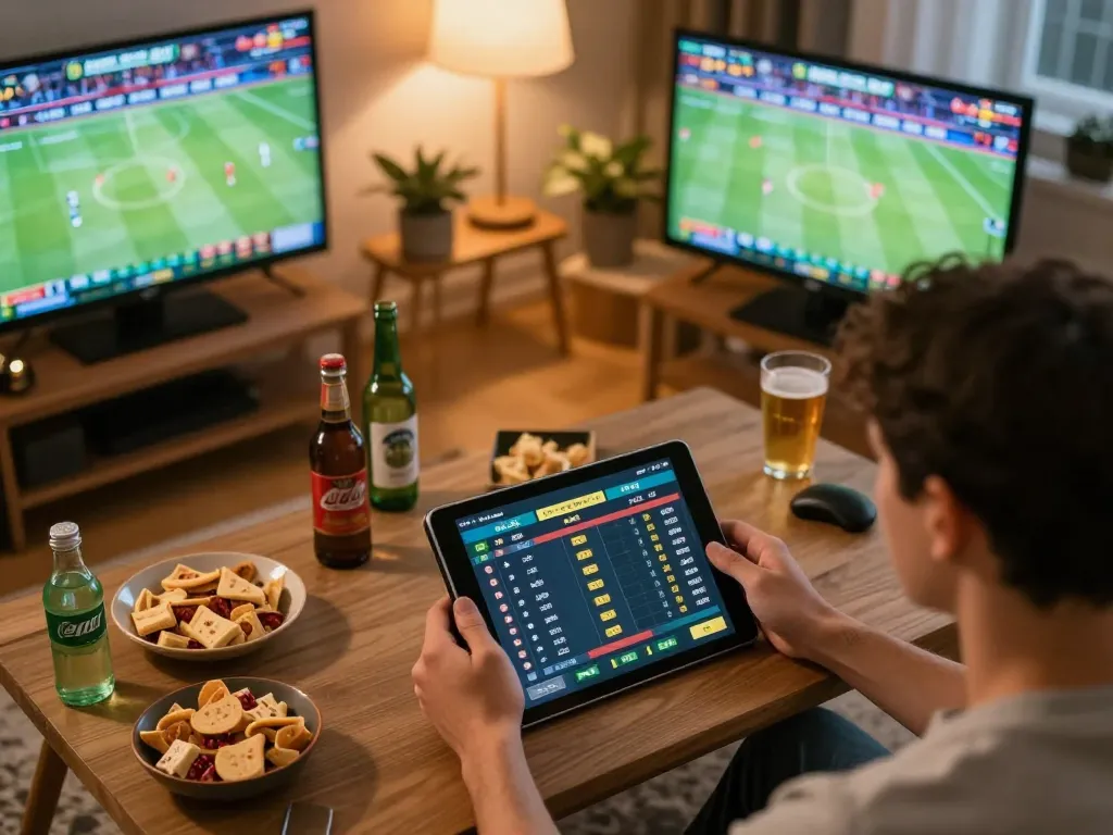 Engaged user betting on Keo nha cai 5 in a lively home sports watching setup with tablets and screens.