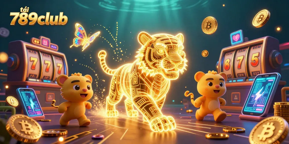 Engage with thrilling gameplay while tải 789club, surrounded by a vibrant digital casino scene.