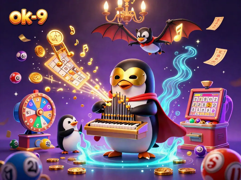 Experience the thrill of ok-9 with a vibrant casino scene featuring a penguin playing a golden pipe organ amidst dynamic lottery elements.