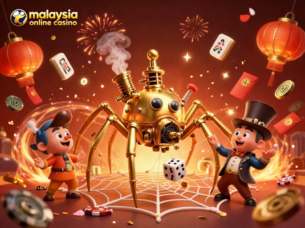 Engage with the vibrant world of malaysia online casino through an exciting 3D illustration showcasing steampunk elements and festive gaming icons.