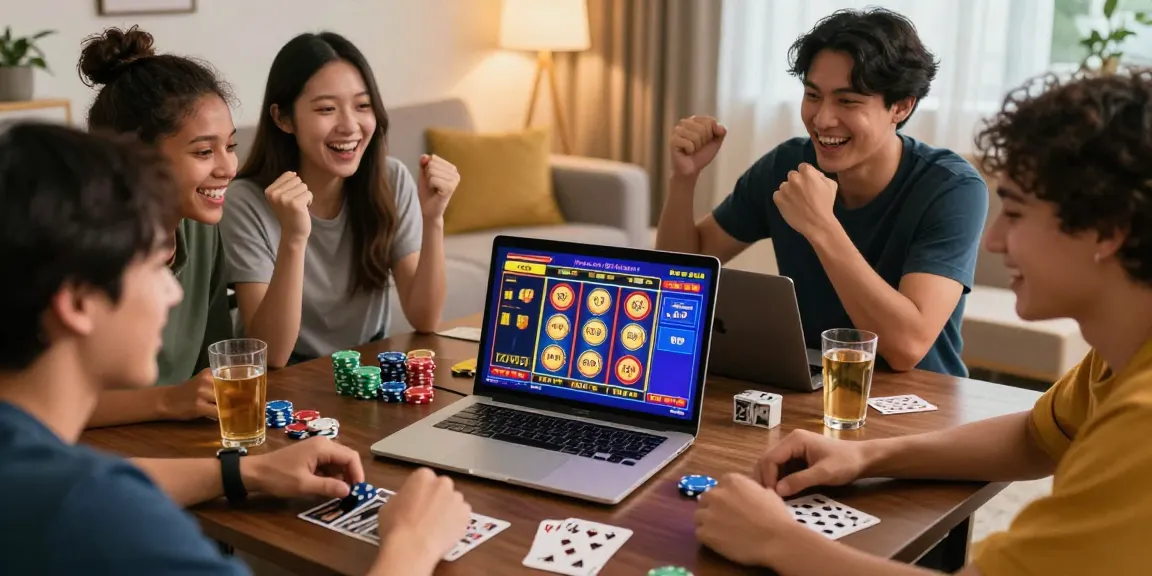 Friends celebrating a win while playing Link Slot Gacor Kartupoker live online, showing excitement and gaming atmosphere.