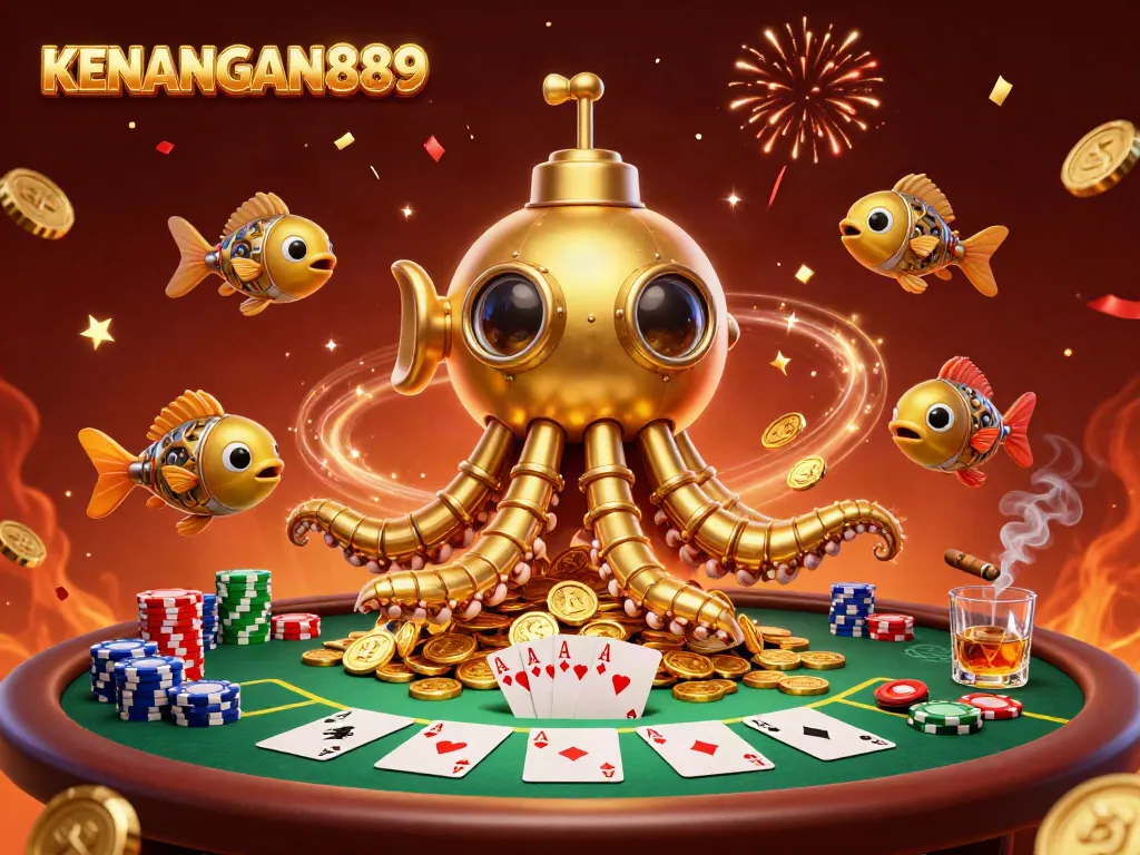 Experience thrilling wins with KENANGAN889 in a vibrant casino scene featuring a golden kraken submarine.