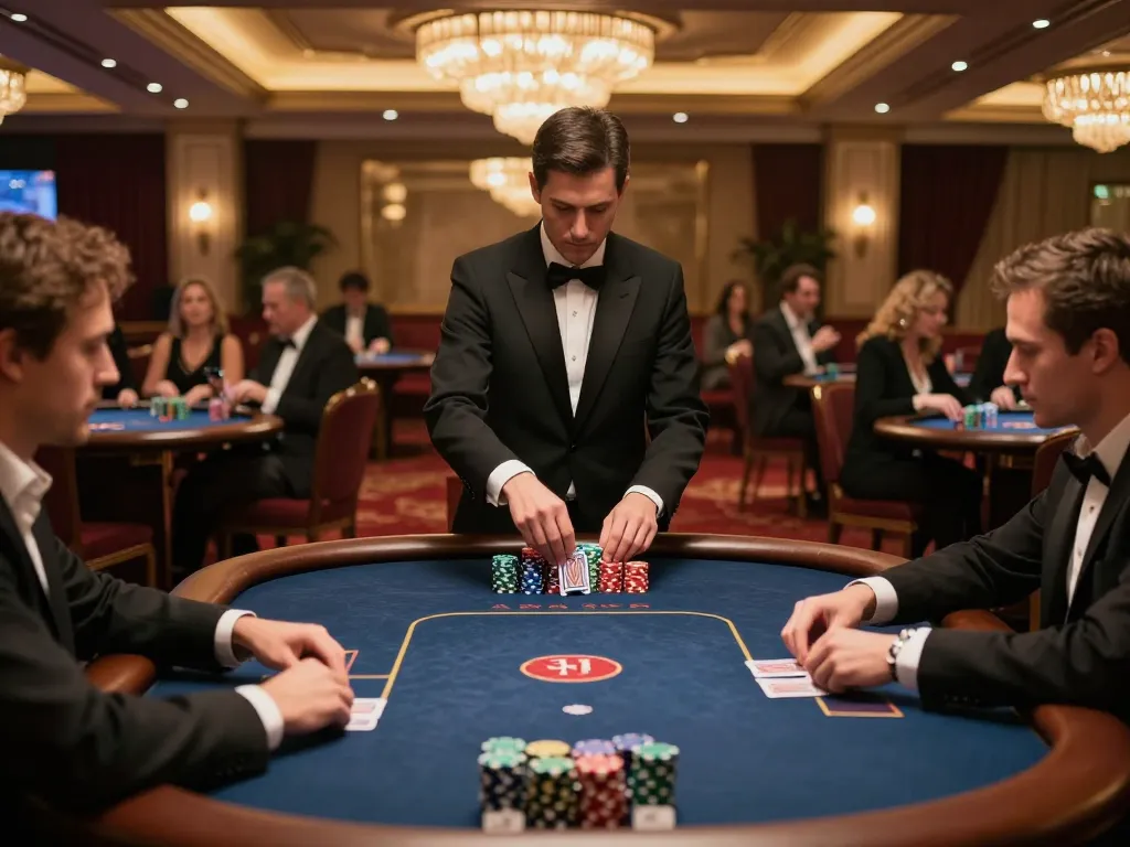 A dynamic scene of engaged players at a poker table, showcasing keobongda strategies in action, lively casino environment