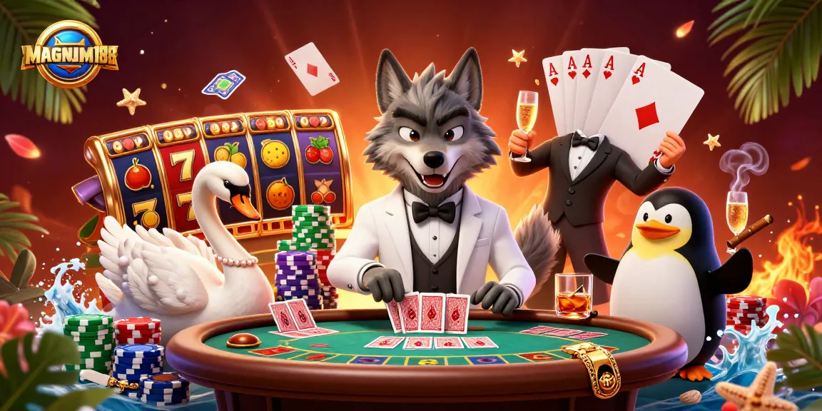 Experience thrilling excitement with MAGNUM188, featuring a wolf in a tuxedo amidst dynamic casino elements.