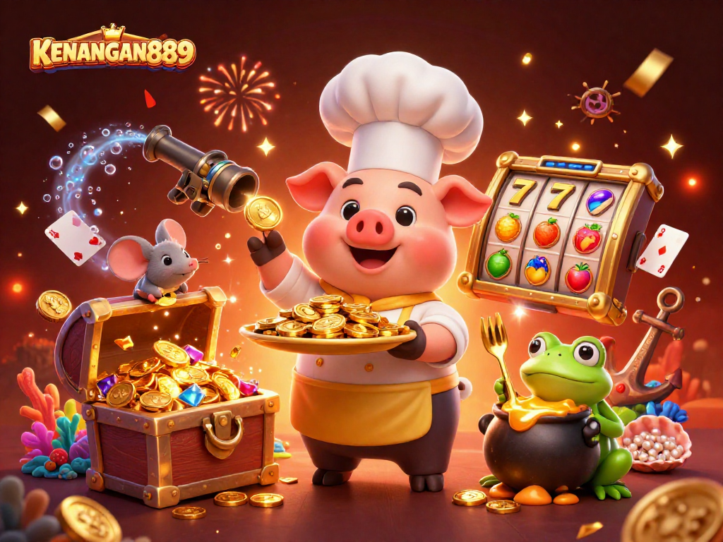 Interact with KENANGAN889: 3D chef pig and sous-chef mouse amidst casino slot elements and gold.