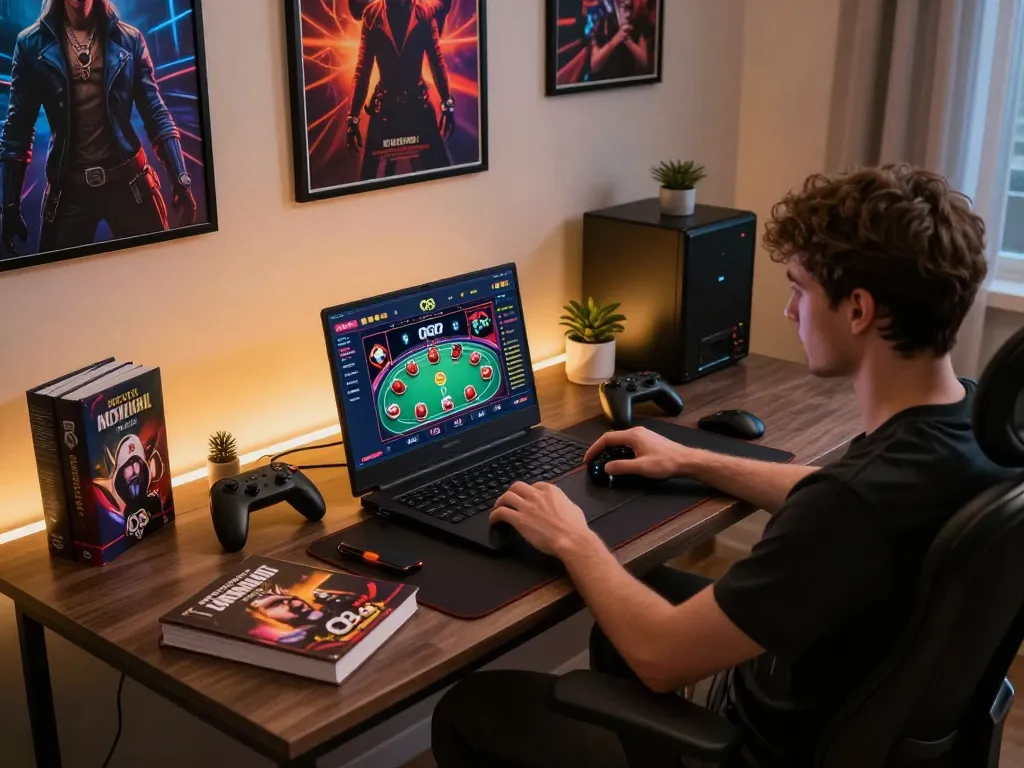 Player engaging in an O8 online casino poker game from a stylish home gaming setup