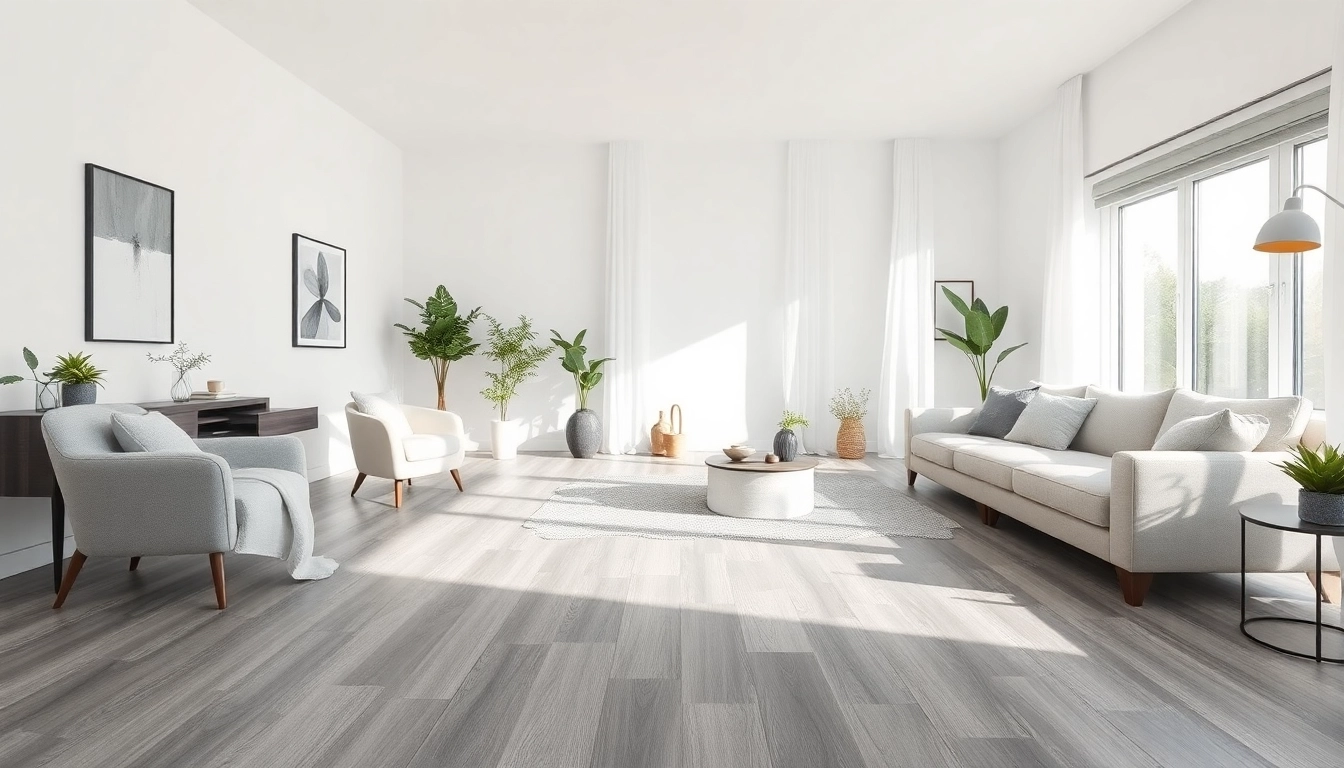 Showcase of grey vinyl flooring elevating a stylish living room with modern decor and natural light.