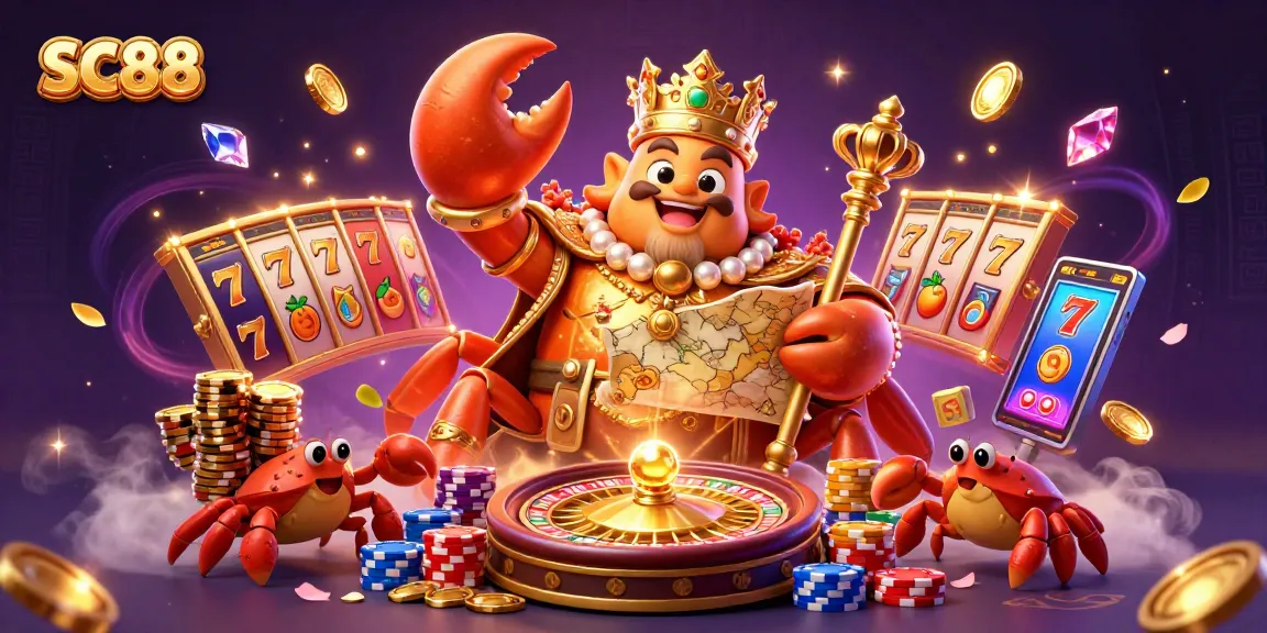 Experience SC88's vibrant casino scene featuring a golden crab emperor amidst slot machines and treasures.
