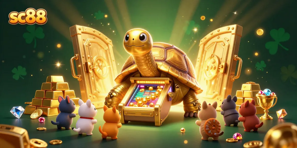 Experience sc88's thrilling casino vibes with a dynamic 3D illustration of a golden tortoise and vibrant treasures.