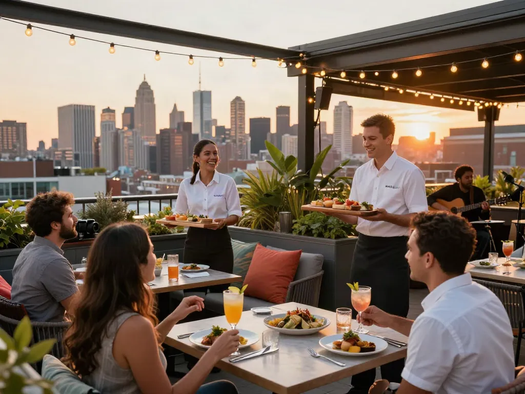 Enjoying cocktails and gourmet dishes at NoHu Restaurant's rooftop bar with skyline views