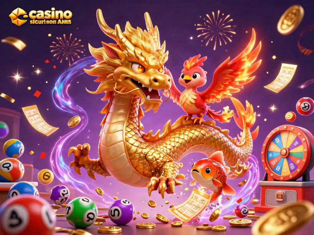 Scopri i casino sicuri non AAMS con un drago dorato, una fenice e un koi, elementi di gioco circondati da monete e premi.