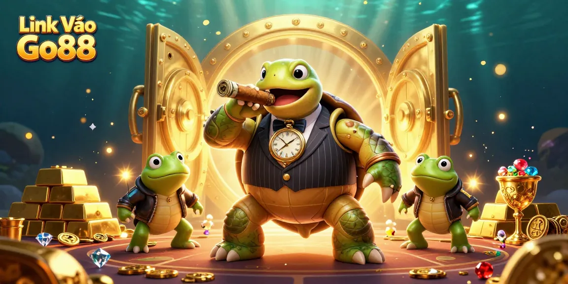 Win big with Link Vào Go88 featuring a cartoon turtle and casino treasures in a vibrant scene.