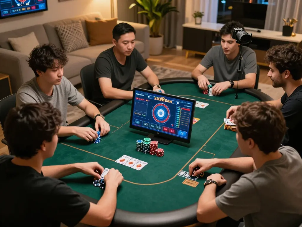 Engage in online poker with exciting gameplay on xx88 com, showcasing vibrant chips and cards.
