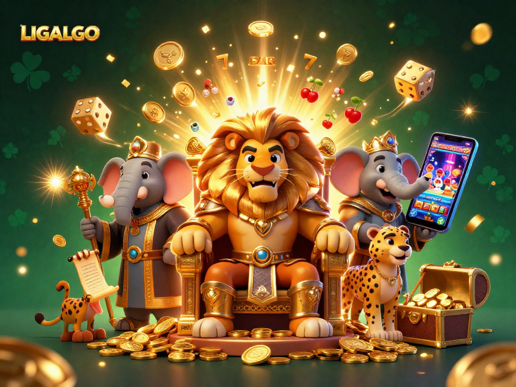 LIGALGO slot adventure featuring a lion king, wise elephant, and cheetah surrounded by dynamic casino elements
