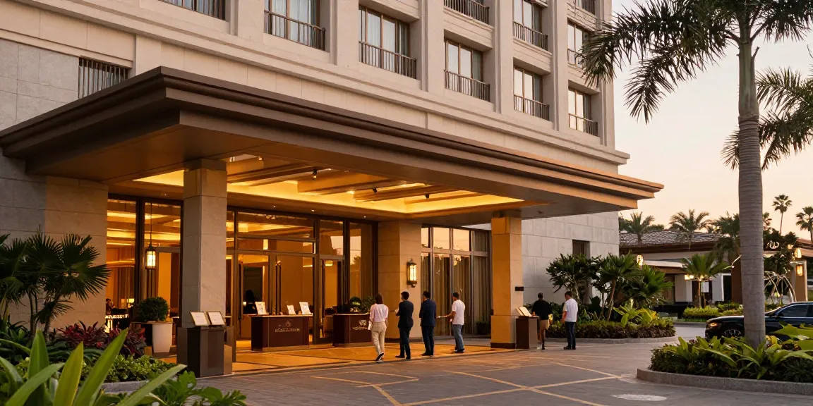 Luxury hotel exterior of Four Seasons, is four seasons part of marriott, showcasing travelers arriving at sunset.