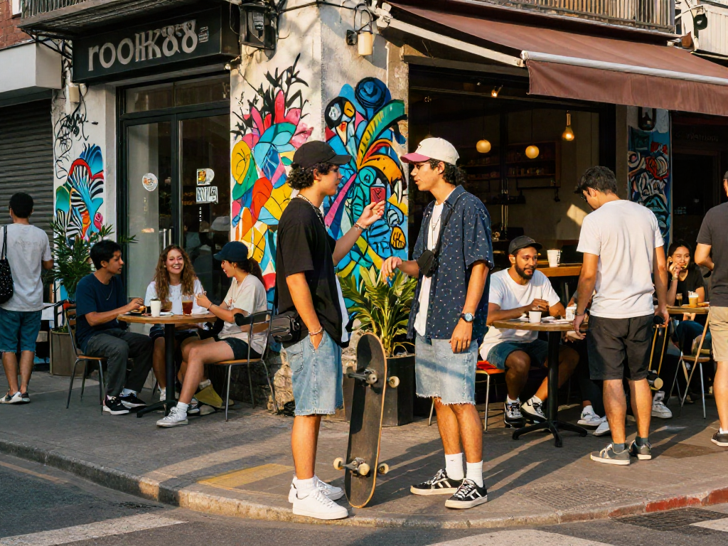 Trendy individual embodying urban style at rokok88 lifestyle scene with skateboard and street art.