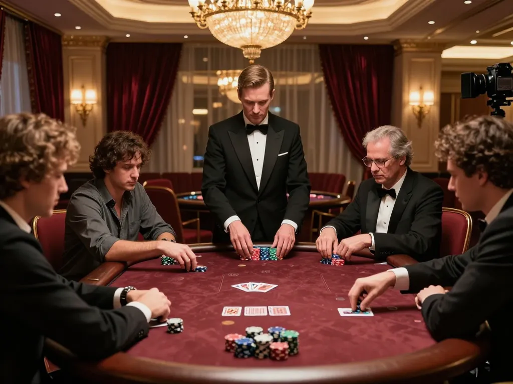 RR88 players strategizing in an upscale poker room, showcasing intense gameplay and luxury.