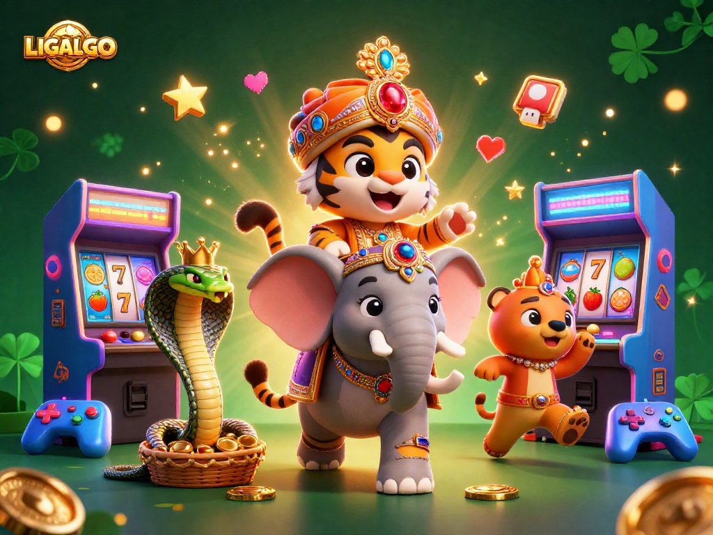 LIGALGO showcases a vibrant casino scene with a royal tiger, glowing slot machines, and rich gold aesthetics.