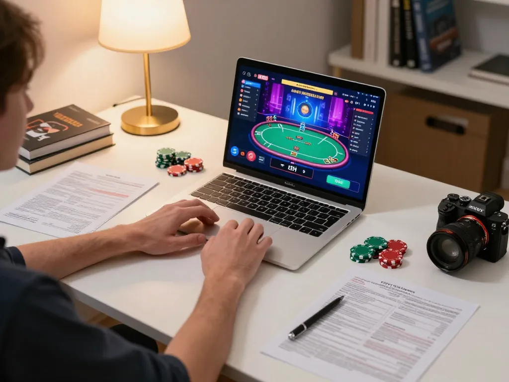 Engaging online poker gameplay experience at 79king with player using laptop.