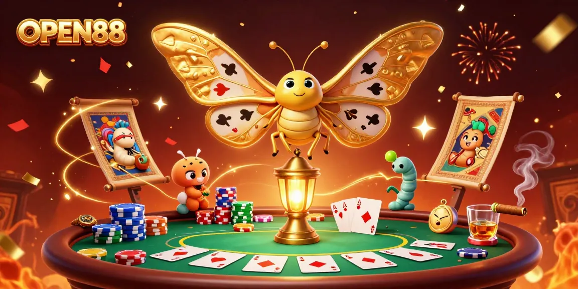 OPEN88's captivating 3D illustration showcases a dynamic casino scene with poker elements and vibrant details.