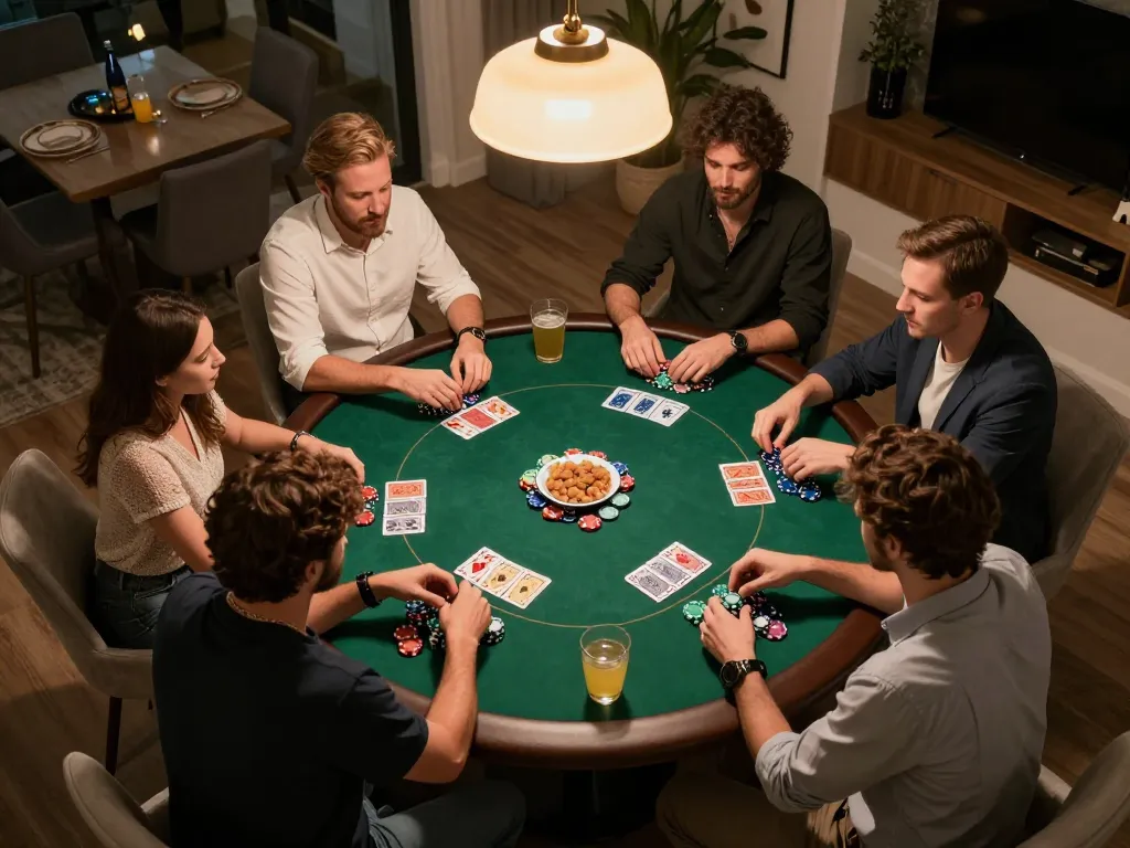 rr88 players strategizing during a home poker night with chips and cards