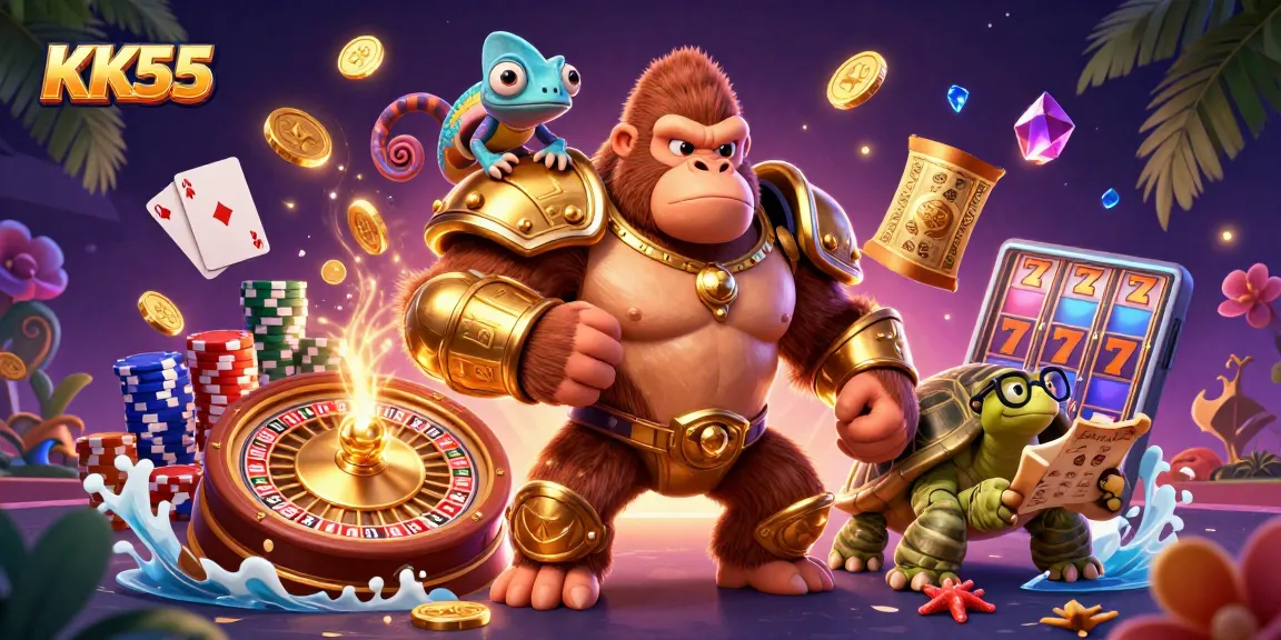 KK55 action scene with a gorilla king, chameleon spy, and tortoise elder amidst casino elements and gold coins.