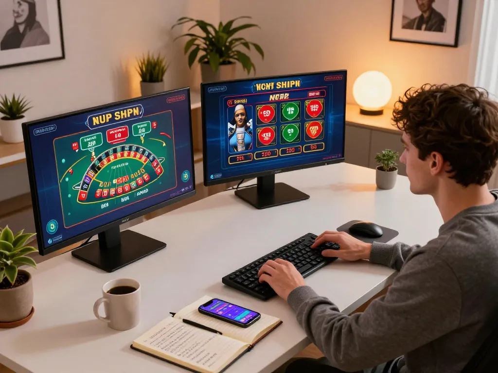 Person enjoying online casino games on multiple screens at home, showcasing sc88seo for strategic gambling.