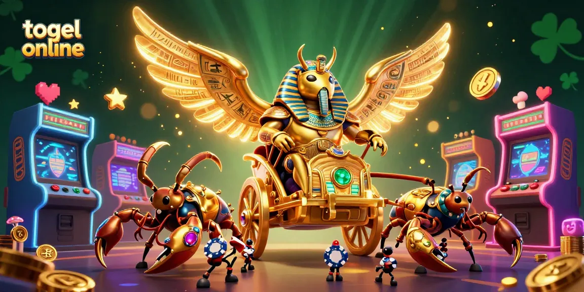 Experience the thrill of togel online with a vibrant, animated scene featuring a colossal golden scarab and scorpions.