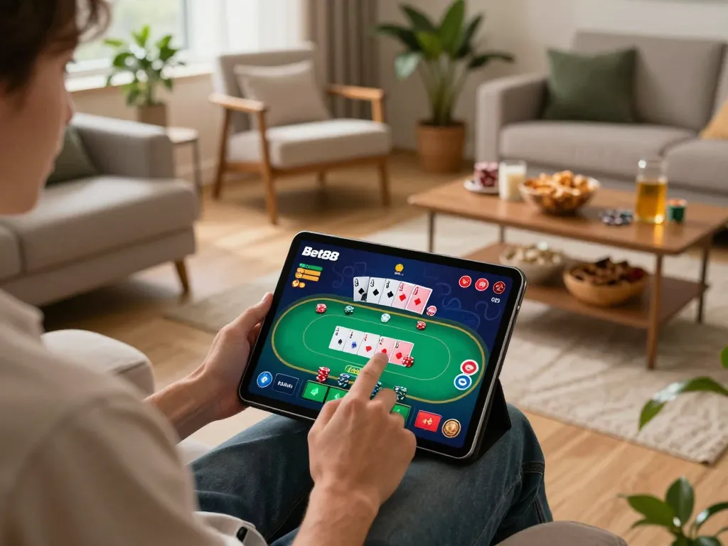 Engaging with the Bet88 app on a cozy living room tablet, enjoying online poker gameplay.
