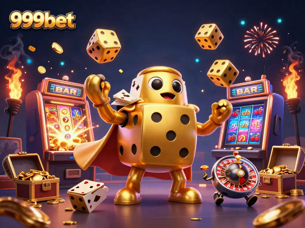 Engage with 999bet's exciting gaming universe featuring a golden dice golem, jackpot elements, and vibrant casino symbols.