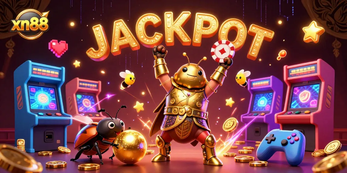 Experience excitement at xn88 with a triumphant beetle lifting a poker chip surrounded by gaming elements.