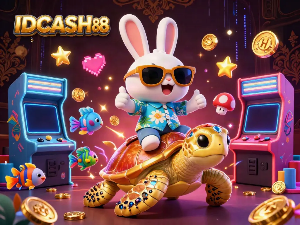 Join the fun at IDCASH88 with a lively illustration showcasing a lucky rabbit and golden turtle in a vibrant casino setting.