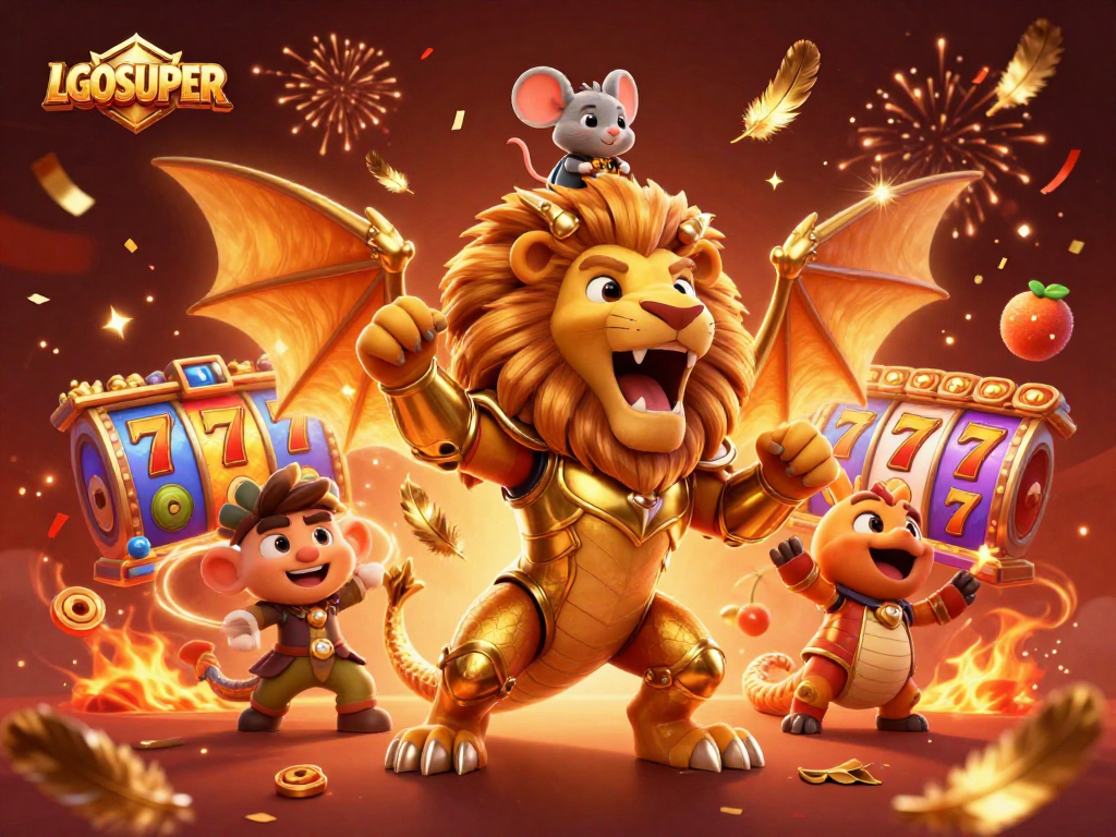 Experience thrilling wins at LGOSUPER with a vibrant scene of slot reels and a triumphant chimera.