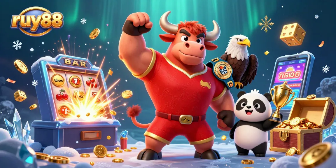 Experience the thrill of ruy88 with cartoon characters celebrating a casino jackpot in a vibrant 3D scene.