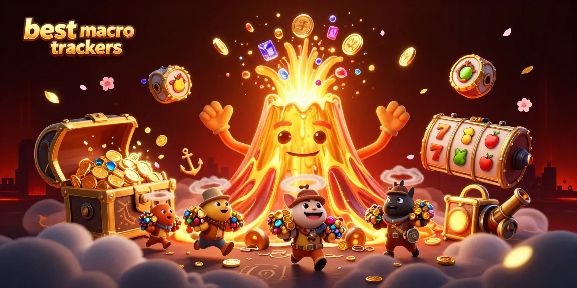 Engage with the best macro trackers through a vibrant casino-themed scene featuring an erupting volcano and scattered treasures.