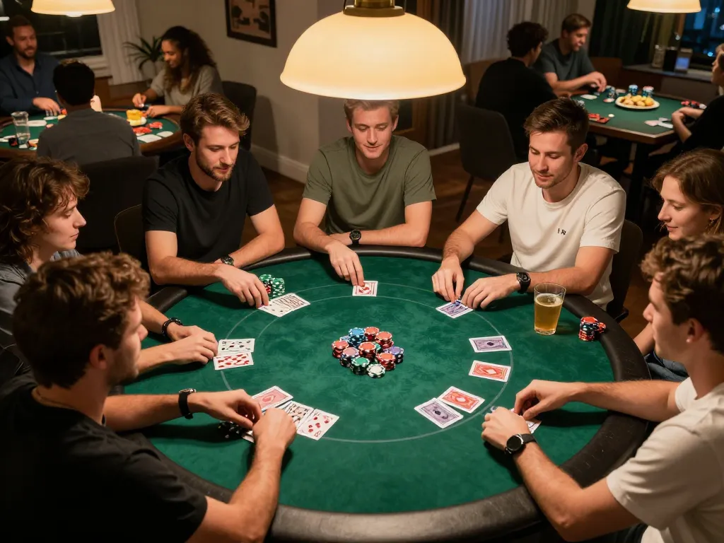 Enjoying a thrilling poker session with friends at home, featuring the rokok88 branded game setup and vibrant social atmosphere.