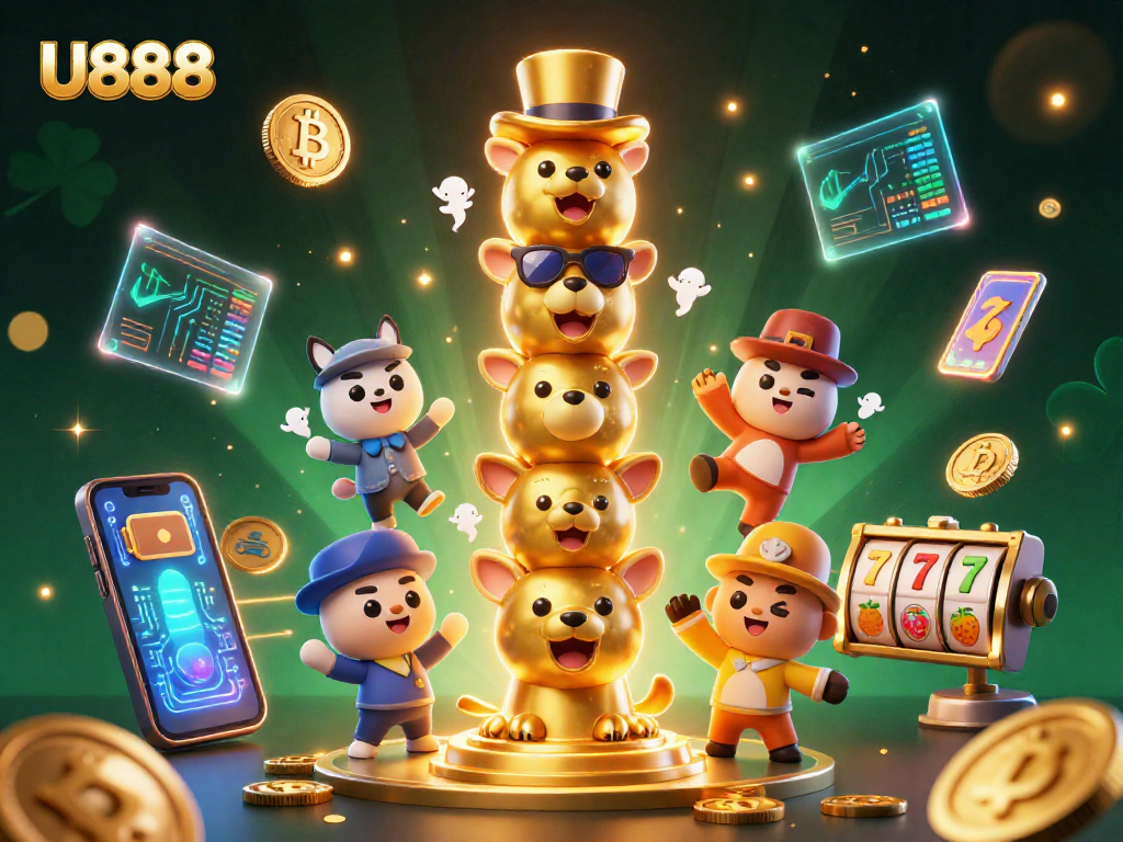 Engage in U888 gaming with vibrant 3D cartoon totem, slot elements, and crypto coins.