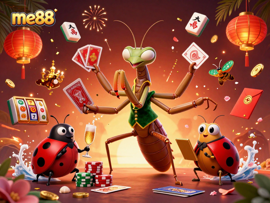 Experience the excitement of me88 with a vibrant 3D casino scene of a praying mantis dealing cards and a ladybug overseeing the fun.
