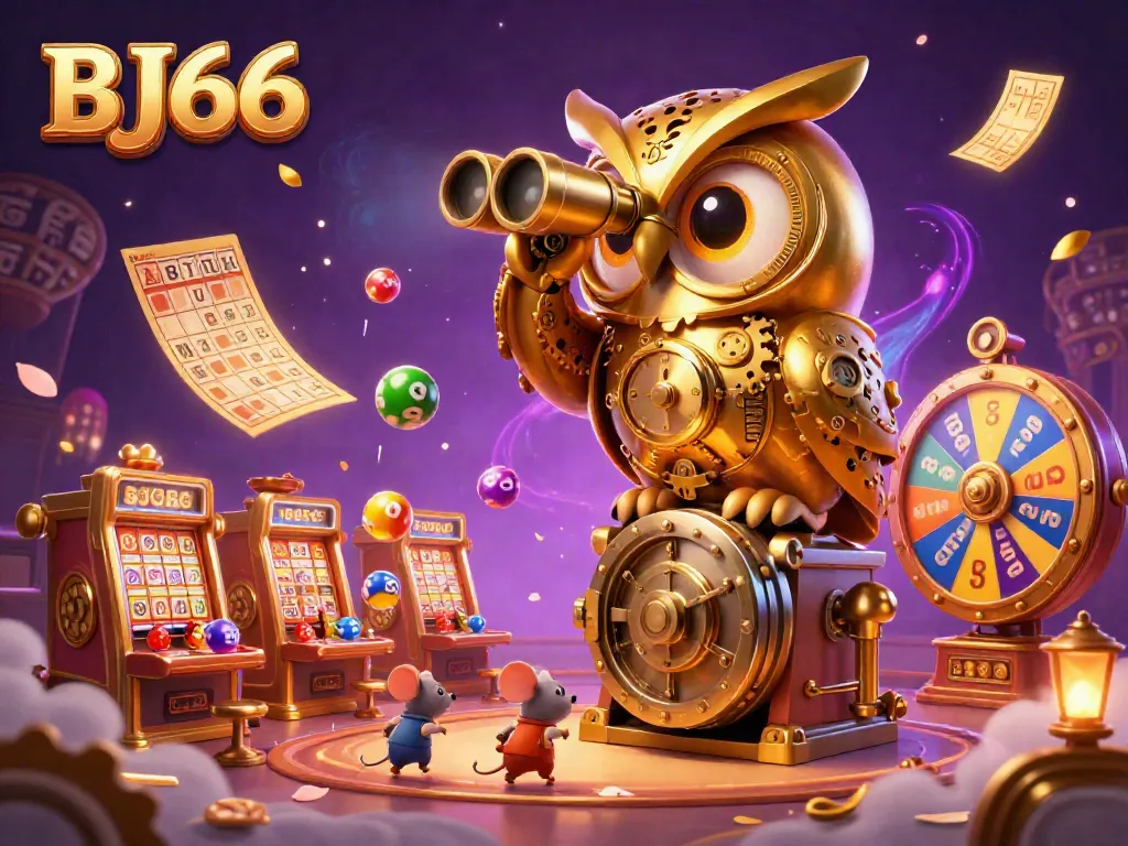 Experience the excitement of BJ66 with a whimsical 3D illustration of a clockwork owl amidst lively lottery and casino elements.