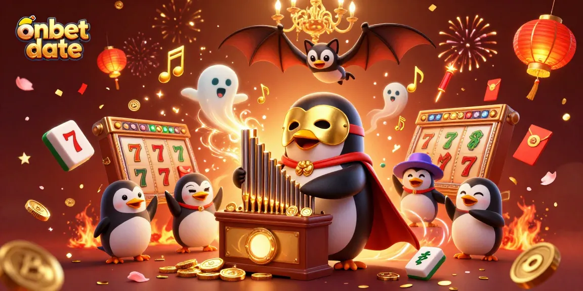 Experience exciting gaming with onbet date as a penguin plays a golden organ surrounded by slots.