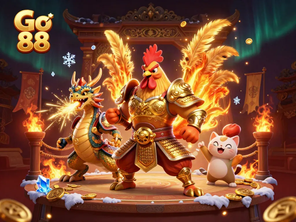 Engage with Go 88 in this vibrant 3D illustration featuring a fierce rooster warrior, dragon hatchling, and fortune cat.