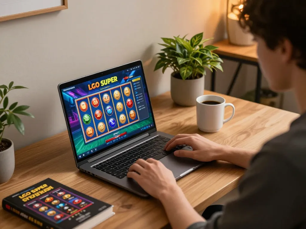 Engaging in LGO SUPER online gaming session on a laptop in a cozy home setting