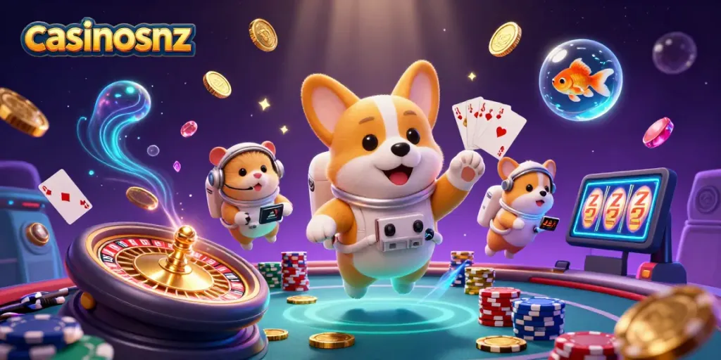 Experience big wins at casinosnz with a 3D astronaut corgi and colorful casino action.