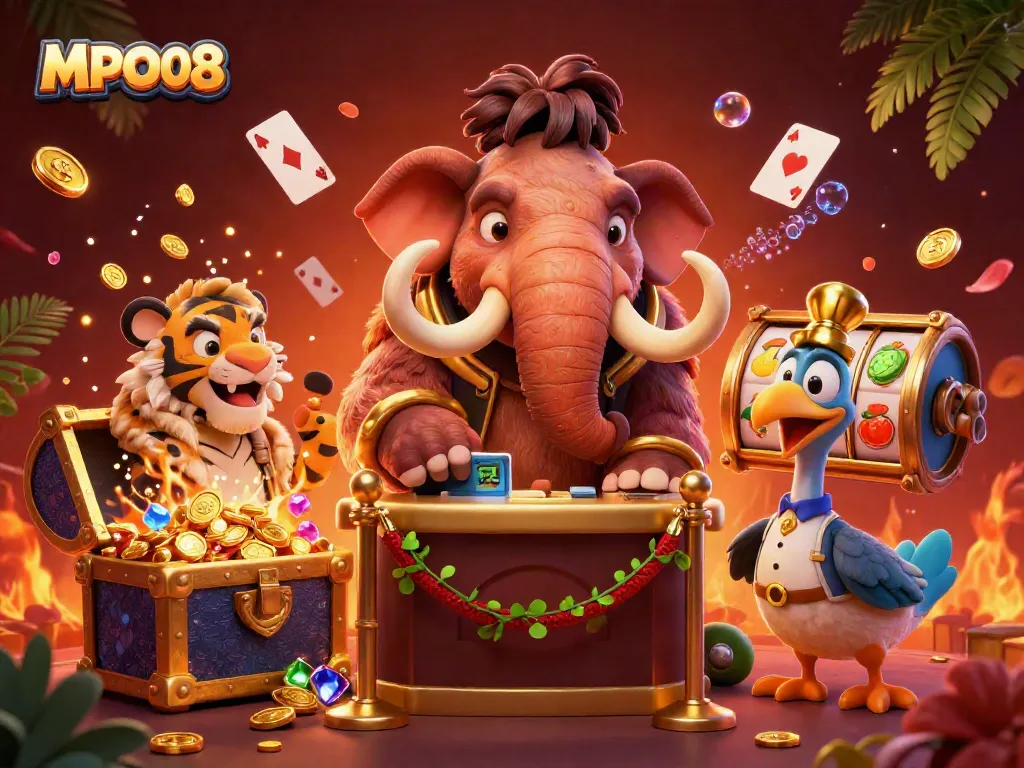 Experience the excitement of MPO08 with a vibrant casino scene featuring unique characters and dynamic gaming elements.