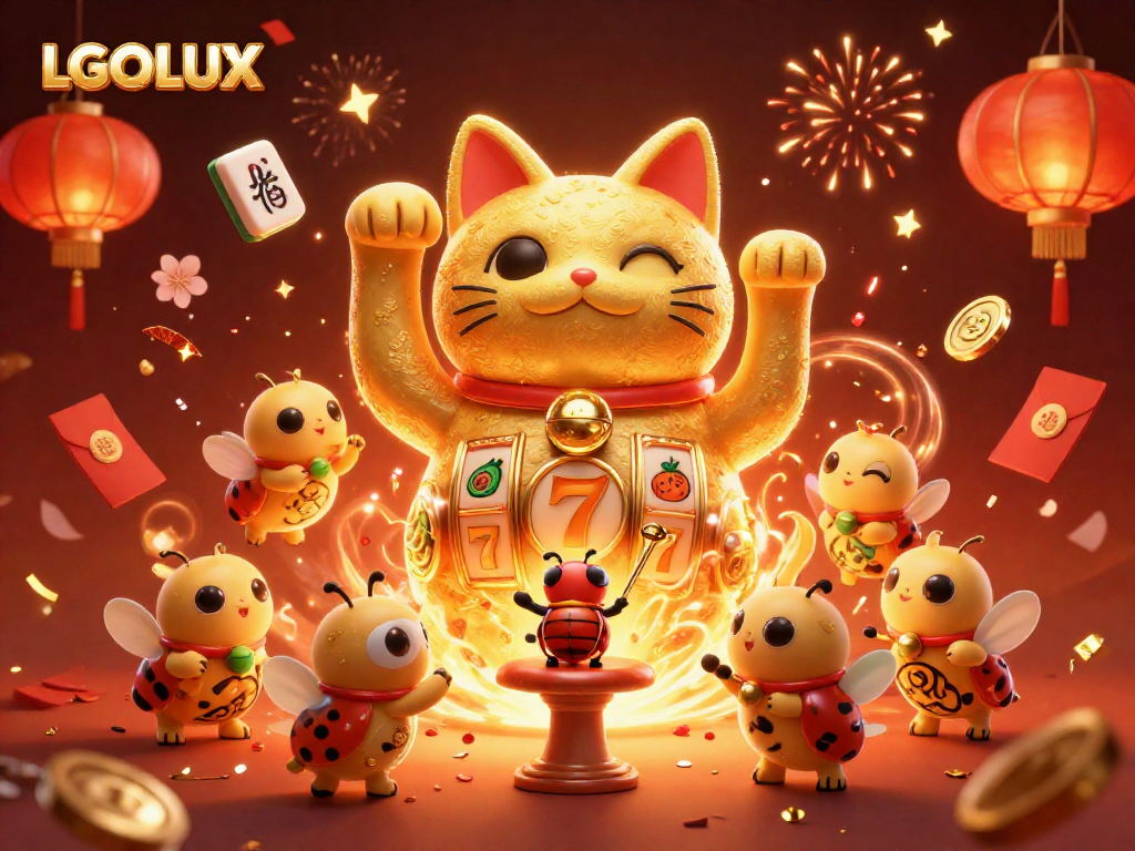 Engage with LGOLUX's vibrant casino world featuring a golden lucky cat and dynamic gaming elements.