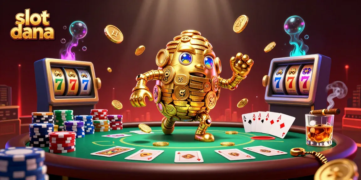 Engage in the excitement of slot dana gaming with dynamic 3D illustration of a golden golem amidst a vibrant casino scene.
