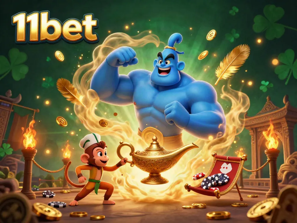 Experience the magic of 11bet with a colorful genie emerging from a lamp, surrounded by casino themes and excitement.